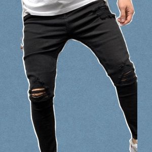 Celana Panjang Jeans Bahan Black Denim Model Sobek Ripped Warna Hitam