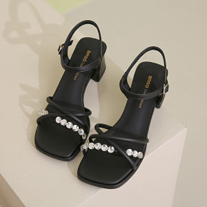 IELGY French open-toed rhinestone sandals summer new fashion square head with skirt women