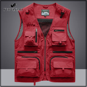 FUGUINIAO mens multi-pocket Waistcoats mens cotton vest Middle-aged fishing vest