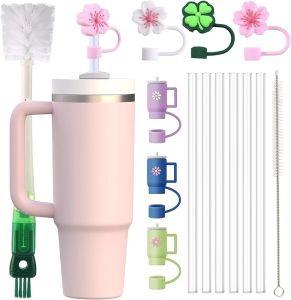 Reusable Replacement Straws with Cover Caps for Stanley Owala Simple Modern 40oz 30oz 20oz Cup Tumbler Plastic Straws with Topper Cleaning Brush and Bottle Brush for Stanley Cup Accessories
