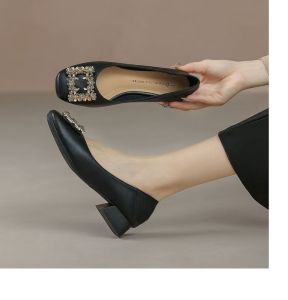 [LS] Wedding For Bride Close Shoes With Heels Soft Leather Block Heels Square Toe Korean Beige Doll Shoes For Women