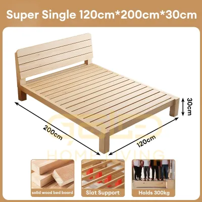 GOLD Katil Queen Solid Wood Bed Frame With Headboard Soft Package Wooden Bed Kayu Rangka Super Single/King Bed 实木床