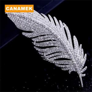 【CANAMEK】 Luxury Exquisite Full Rhinestone Feather Brooches For Women Girls Elegant Temperament Brooch Fine Jewelry Accessories Gifts