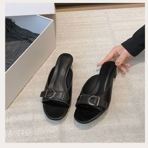 [Free Shipping] Soft Leather Slippers For Women Summer Outdoor Wear With Buckle Straps Round Toe Open-Toe Design And A Chunky Heel
