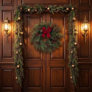 Christmas Wreath and Garland Set with Mini Pinecones and Bells – For Home Decoration