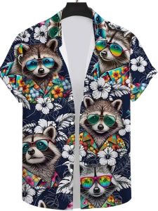 ZEEMIN New Mens Shirt Raccoon Print Short Sleeve Lapel Tops Summer Casual Hawaiian Shirts For Men Oversized Shirt Outdoor Vacation Set