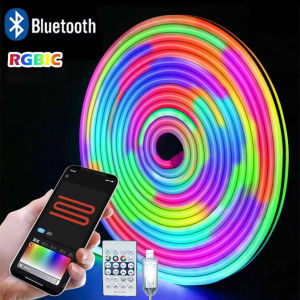 RGB LED Neon Rope Lights Bluetooth App WS2812 RGBIC Waterproof Flexible LED Tape With Dimmable Remote Controller For Wall Decor