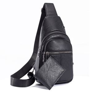 CJY SHOP#8160 Fashion mens 2-in-1 PU leather crossbody sling chest bag that includes a matching slim wallet