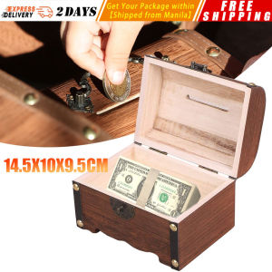 Vintage Treasure Storage Box Piggy Bank Organizer Saving Box Case with Lock for Home Retro Treasure Chest with Lock Wooden-Cash-Box