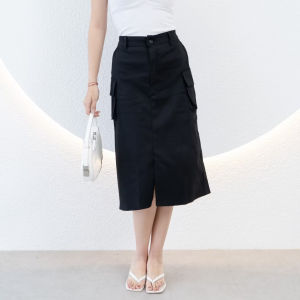 Rok Cargo Midi 7/8 A-Line Basic Katun Twill Tebal Hight Waist Karet Belakang Wanita Korean Flowly