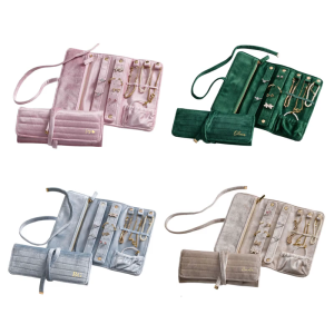 Foldable Flocking Pouch With Separate Sections for Necklace Rings Earring Storage Travel Accessory