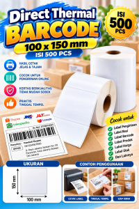 kertas label thermal barcode 100x150 isi 500 / kertas thermal 100x150 isi 350 / Label thermal barcode Roll A6 / KERTAS STIKER RESI LABEL THERMAL