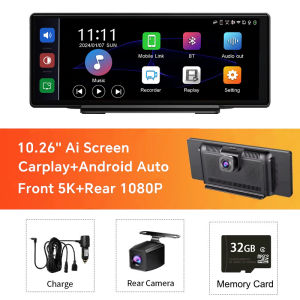 EKLEVA 10.26 inch Car DVR 5K Dash Cam Dual Lens Wireless Carplay & Android Auto Video Recorder Monitor Navigation 5G Wifi FM