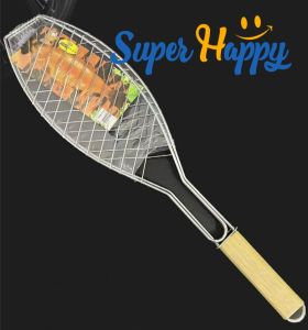 ตะแกรงปิ้งปลาสแตนเลสแท้ ตะแกรงปิ้งย่างแบบด้ามจับไม้ กันร้อน เหล็กย่างปลาสเเตนเลสหนา