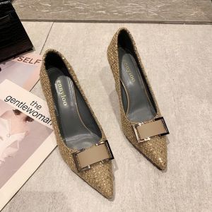Free Shipping Versatile Stiletto Heels For Women 2026 Autumn New Collection Elegant And Youthful Style Sequined Fabric Black Professional Flats