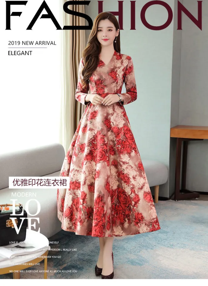 Women Long Sleeve Loose Casual Long Dress Fashion Floral Printing V Neck A-line  Dresses Plus Size