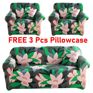 Sofa Cover 3 Seater and 2 Single Set Green Flower Design Sofa Cover Set of 3 Pcs stretchable Universal Seat Cover Home Decor living Room Free 3 Pcs Pillowcase