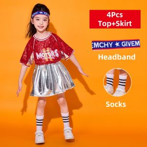 LOlanta Kids Cheerleading Dance Performance Outfits Sequined Letters T-shirt Shiny Faux Leather Shorts Skirts Jazz Hip-hop Headband Dance Competition Costume