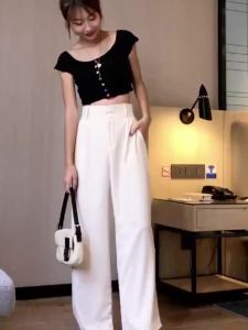 IELGY High waist pants loose wide leg pants straight suit casual pants women