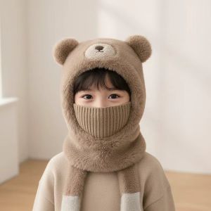 Mettle Vault Adorable Bear Hooded Hat with Neck Warmer and Mask for Kids Winter Warmth & Wind Protection