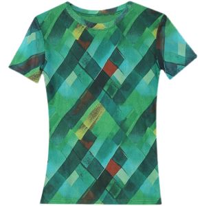 REHIN Womens top Fashion mesh print short-sleeved T-shirt round neck green slim and thin trend blouse