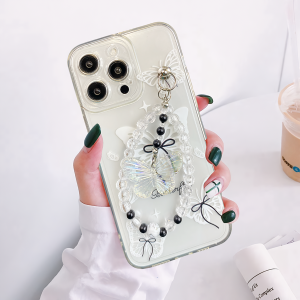 VELA Case Tali Butterfly Untuk Iphone 6 6S 6+ 7 7+ 8 8+ X XS XR 11 12 13 14 14+ 15 15+ 16 16+ Pro Max Plus Softcase Casing Manik Gelang Mutiara Kupu-kupu