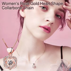 Womens Rose Gold Heart-Shaped Collarbone Chain 925 Silver Shining Hexagram Necklace