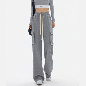 วาฟเฟิลกางเกงขายาวผู้หญิงฤดูร้อนบาง 2024 ใหม่ขากว้างตรงกางเกงเอวสูงกางเกงหลวมๆสบายๆ