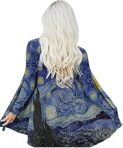 Oil Painting  T  Shirt   Van Gogh   Gift   Starry Sky   Night   Open Front   Cardigan   Womens   Long Sleeve   Clothing   Lightweight Sweater
