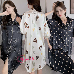CP Mall [New Arrival] [Ready Stock] Women Ice Silk Comfy Baju Tidur Wanita Floral Printed Collar Shirt Pyjamas Lingerie Nightdress Sleepwear Elegant Nightwear Fit M Till 3XL- S1291 (with 7 Design optional)