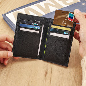 กระเป๋าใส่บัตรเครดิตลายขวางสไตล์ธุรกิจสำหรับผู้ชายสีดำมินิมอลแบบคลาสสิกพร้อมช่องเสียบบัตรด้านหลัง