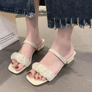 [Free Shipping] Womens New Summer Mid-Heel Sandals Pleated Chunky Heel Sandals Versatile Single-Strap Shoes for Women