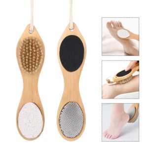 OMQAIO Handheld Wooden Handle Foot File with Hanging Hole Four in One Design Foot Rub Scrubber Stainless Steel Rub Comfortable Grip Feet Callus Remover Woman