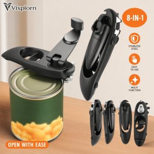 Vixplorn Manual Can Opener 8 In 1 Stainless Steel Safety Tin Opener Smooth Edge Heavy Duty Kitchen Tool Beer Bottle Ring Pull Black