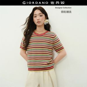 Giordano Women Colorful striped short sleeve cotton knitwear Free Shipping 18356711