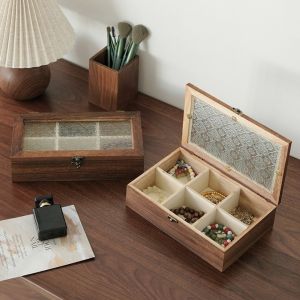 OTYRF Vintage Wooden Jewelry Storage Box Crabapple Flower Decorative Glass Cover Jewelry Box Home Decor Sorting Solid Wood Storage Cabinet Table Organizer