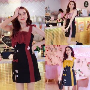 TW15151 เดรสแขนกุด อกติดแต่งระบาย ไหล่ผูกโบว์