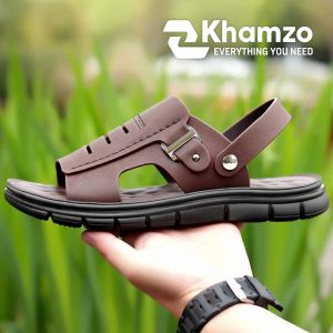 SANDAL KULIT PRIA IMPORT KHAMZO K08 SANDAL HIKING OUTDOOR SLOP HITAM