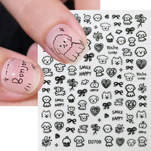 ZEEMIN 12pcs 3D Cute Black Graffiti Dog Decals Y2K Cartoon Black Cat Star Heart Bowknot Stickers 10*8cm Japanese Manicure Slider Decor