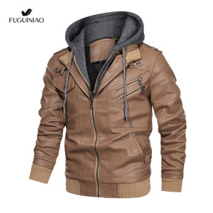 Fuguiniao Motorcycle Leather Jacket Men Biker Moto Jacket (M-3XL)