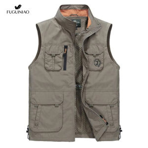 Fuguiniao Summer Autumn New Men Casual Thin Mesh Tactical Vest Stand Collar Multi-pockets gilet homme Mens Waistcoat M-4XL