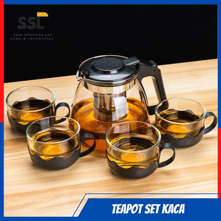 Tea pot set 5 in 1 Poci Ceret Kaca Tempat Minum Teh Sepaket Dengan Gelasnya Set TekoTeapot set 5 pcs Teapot Set Gelas  teko teh tea pot tea pot set / teko tempat air / teapot teko tempat air teh / teko beling / gelas beling / tea pot 5 in 1 / teko