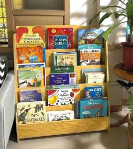 Happy Kiddos #726  Montessori Wooden Bookshelf Storage Rack Book Organizer for Kids- Neutral Wood color