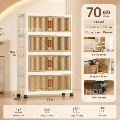 TMOP Transparent Foldable Storage Cabinet With Wheels No Installation Multi-Layer Organizer For Clothes Toys & Snacks Home Use