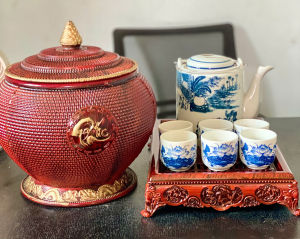 Giỏ ủ ấm tích pha trà xanh trọn bộ Hàng Bát Tràng bền đẹp trọn bộ ủ ấm tích cốc khay đựng 15L