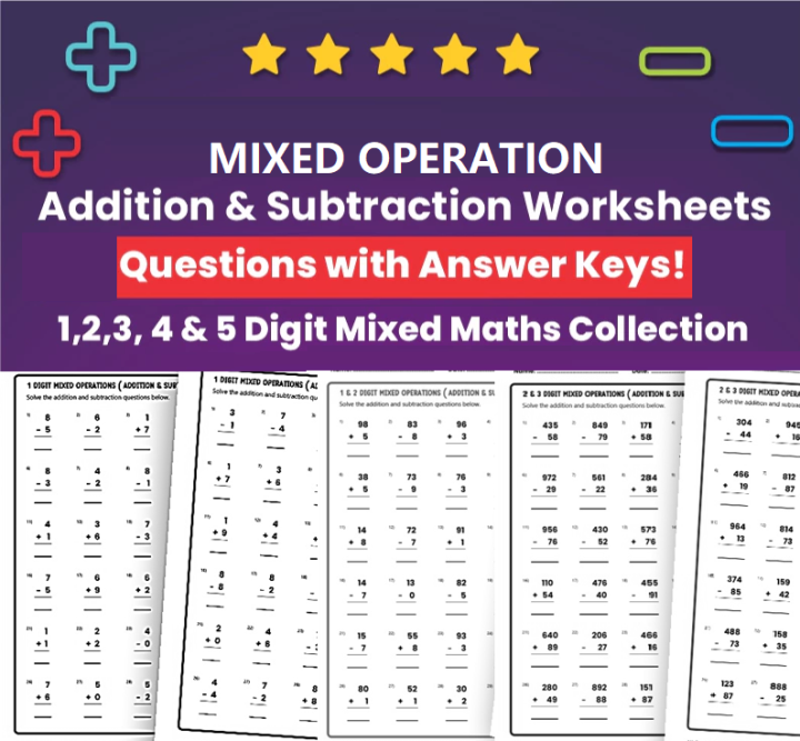 Addition & Subtraction Mixed Operation Maths Worksheets 1 Digit 2 Digit ...