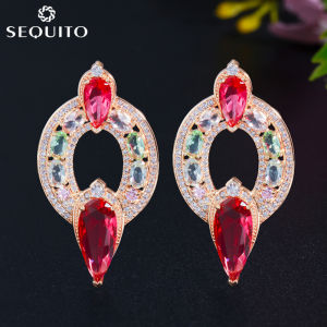SEQUITO Summer Fashion Large Round Circle Ear Stud Pave Colorful Cubic Zirconia Stone Boho Earrings Jewelry SE377