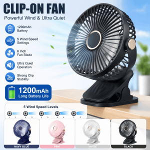 MIRELINA 720° Rotation Clip-on Fan 5-Speed Adjustable Clip/Stand/Hang Design Cooling Fan Portable USB Rechargeable Desktop Electric Fan Office