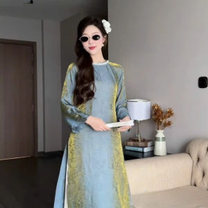 Áo dài cách tân TƯỜNG XUÂN dáng suông 2 tà lụa tằm cổ tròn đính ngọc trẻ trung_TH ÁO DÀI HÀ THÀNH