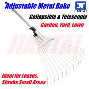 JIANTAI Leaf Rake Set Adjustable Garden Camping Rake 15-Tine Rake Metal Rake with Collapsing Tines and Telescopic Handle for Garden Lawn Yard Cleaning